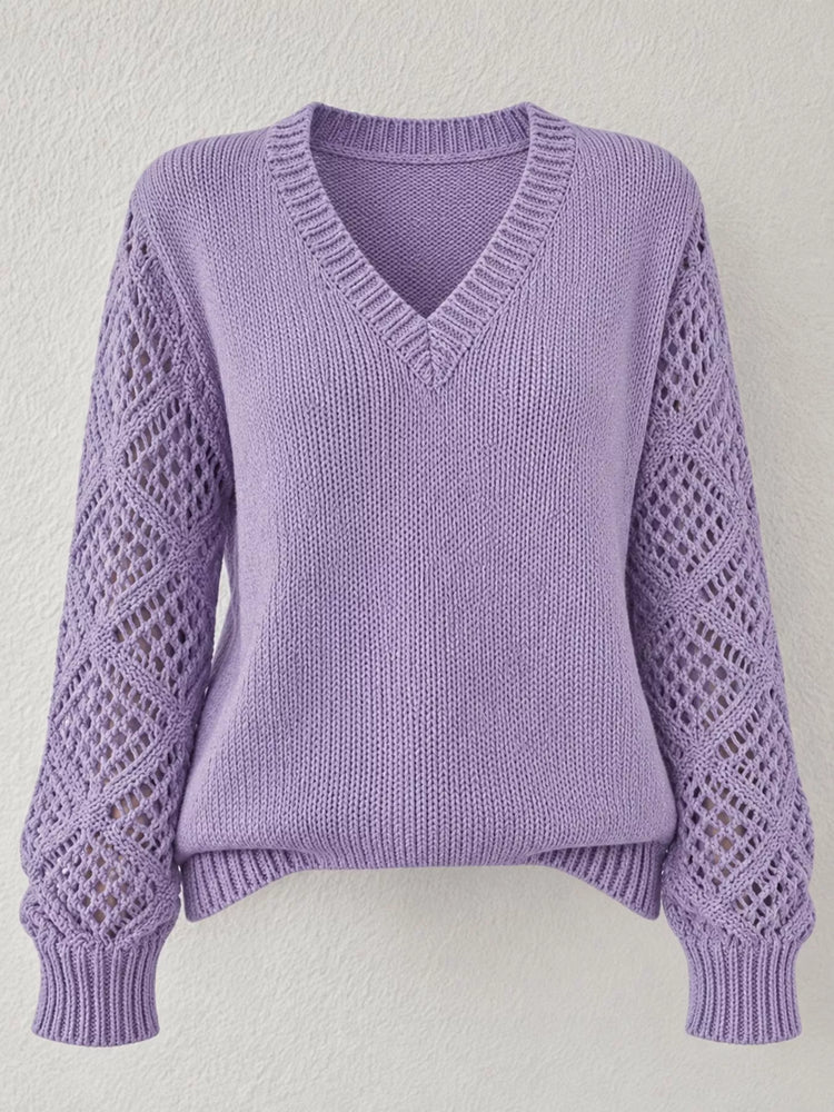 Full Size V-Neck Hollow-Out Long Sleeve Sweater Plus Size