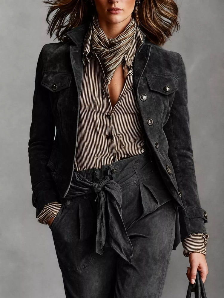 Full Size Suede Utility Blazer with Button-Front Detail Plus Size