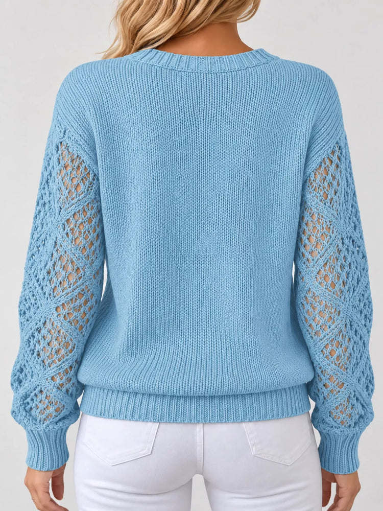 Full Size V-Neck Hollow-Out Long Sleeve Sweater Plus Size