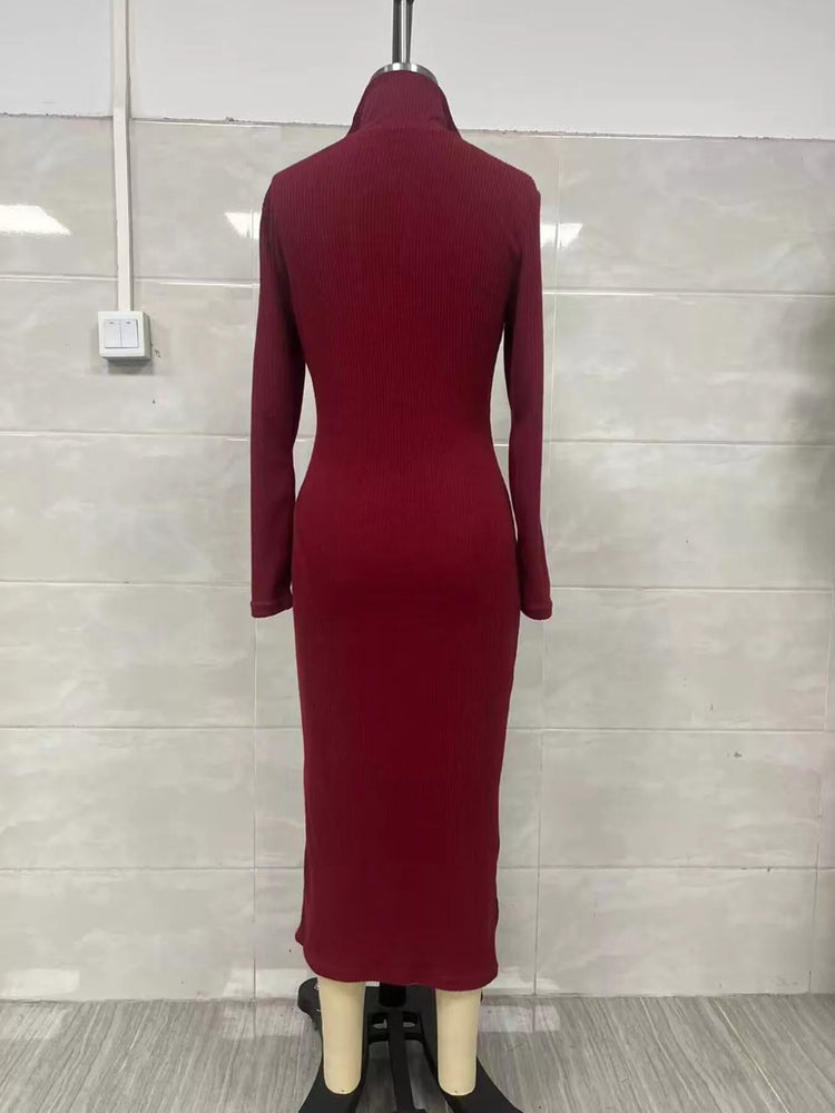 Ribbed Knit V-Neck Sweater Dress