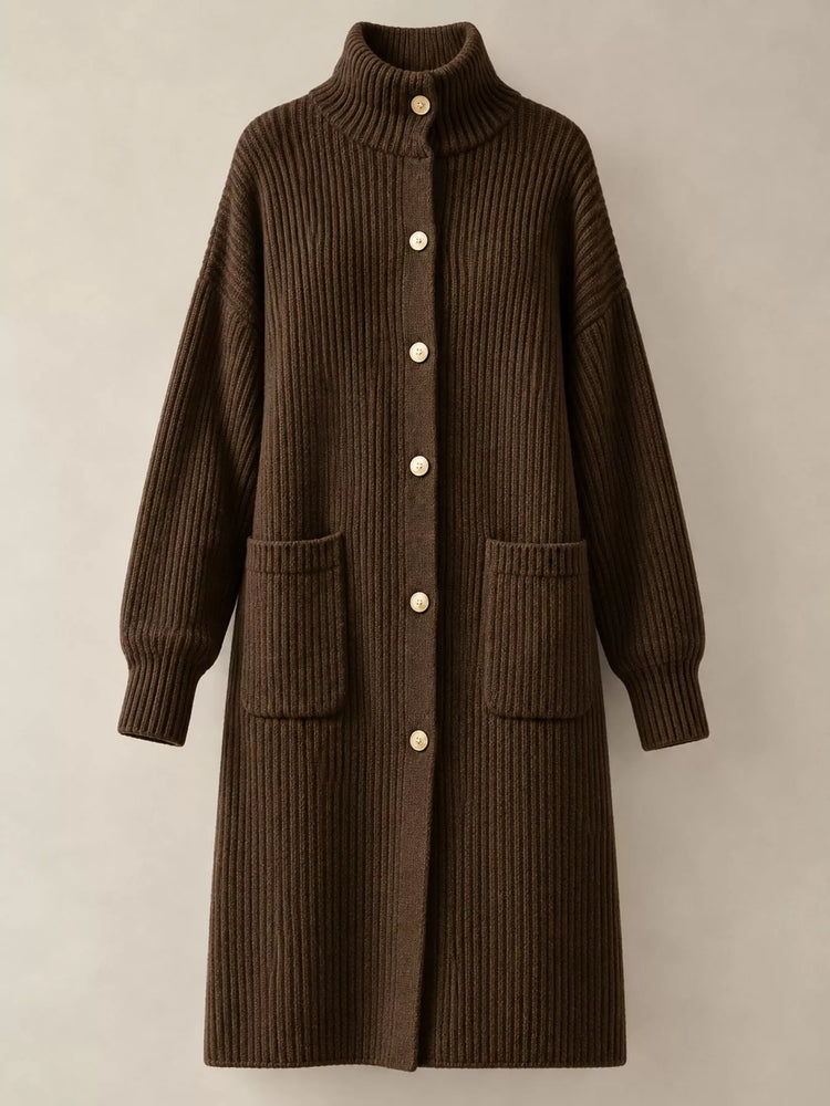 Ribbed Knit Turtleneck Button Up Longline Cardigan