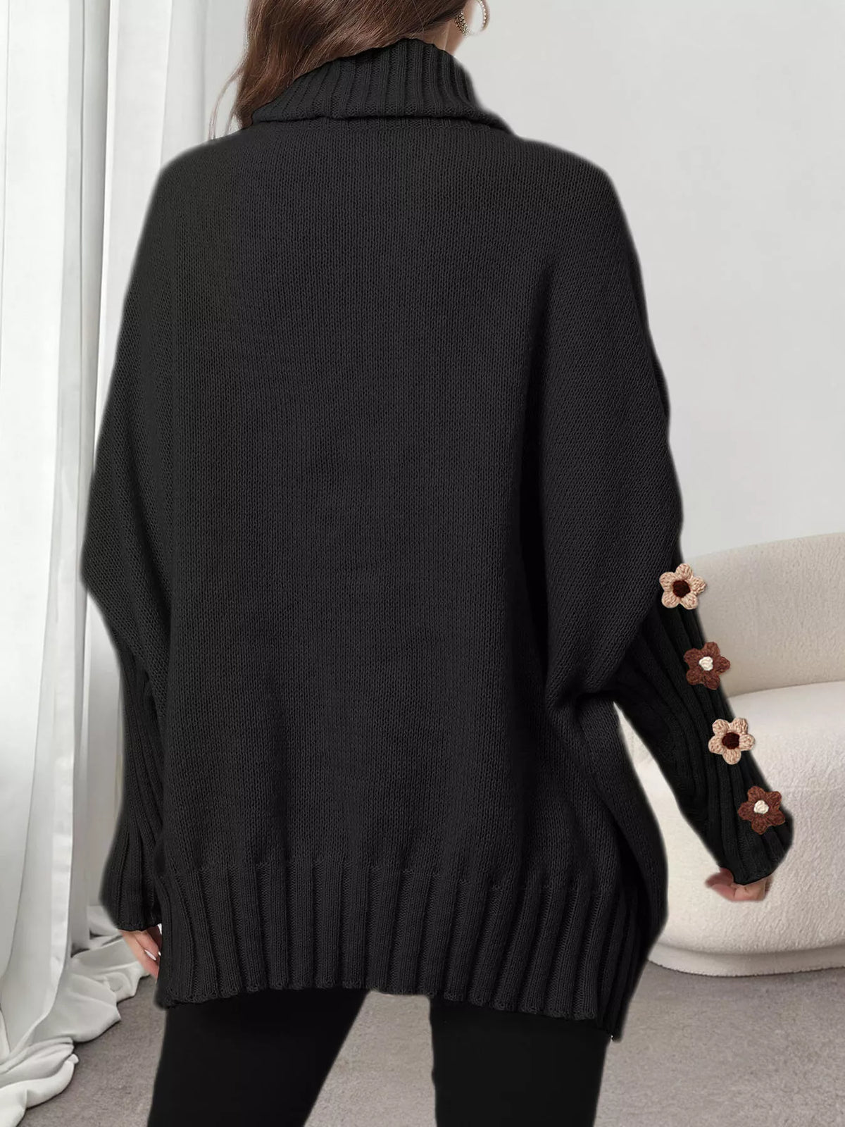 Oversized Turtleneck Sweater with Floral Applique Sleeves