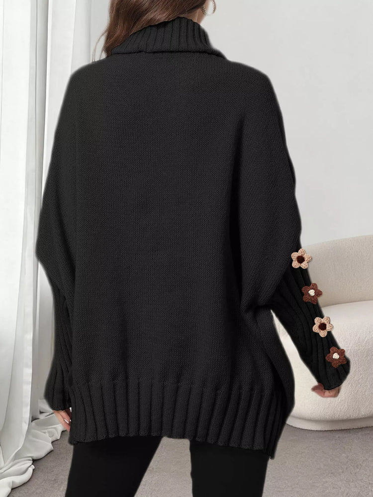 Oversized Turtleneck Sweater with Floral Applique Sleeves