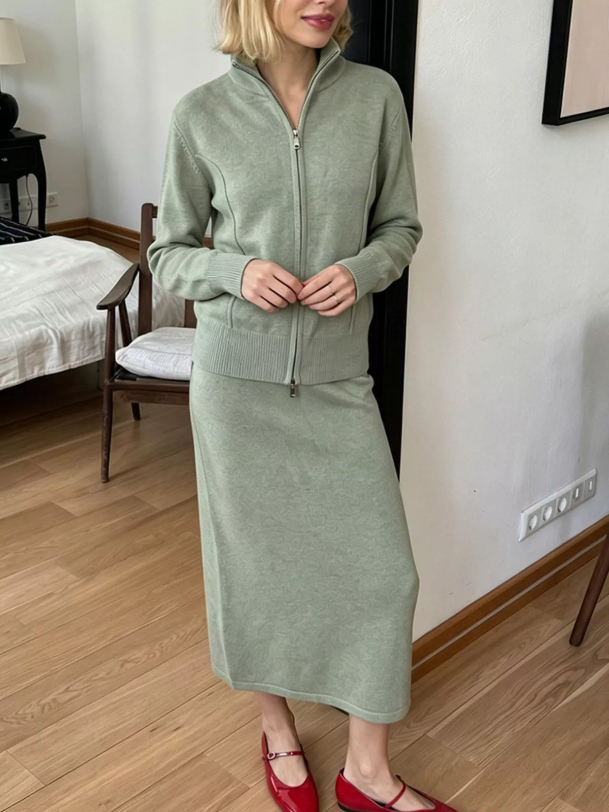 Zip-Up Mock Neck Cardigan and Matching Midi Skirt Sweater Set