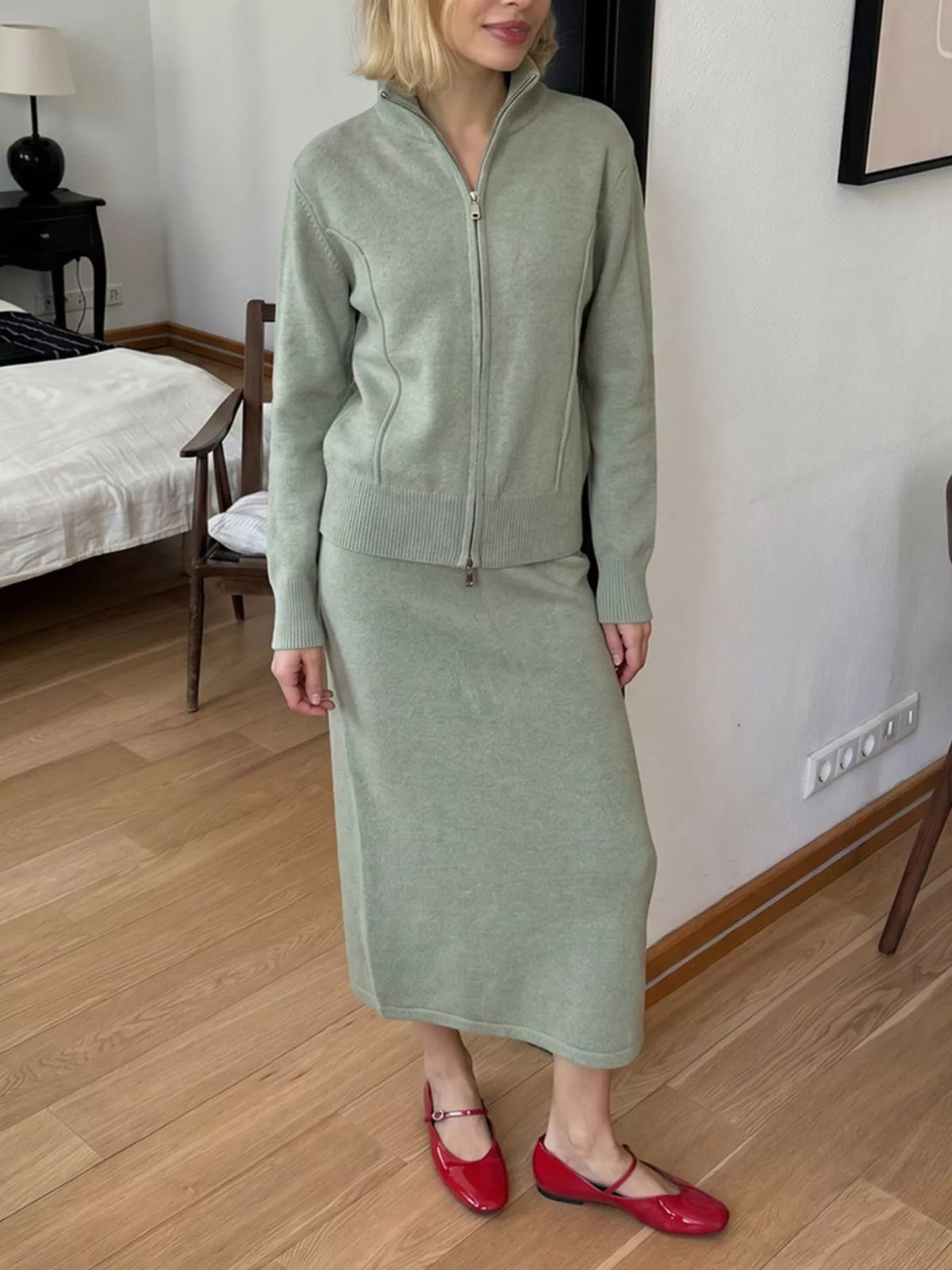 Zip-Up Mock Neck Cardigan and Matching Midi Skirt Sweater Set