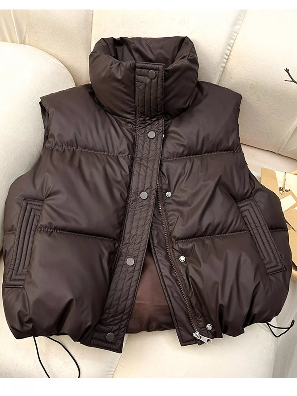 Drawstring Snap Down Puffer Vest Coat