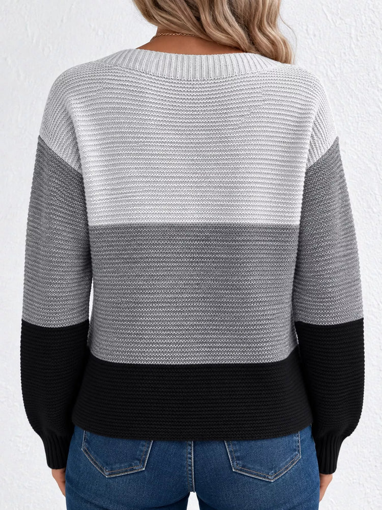 Full Size Color-Block Boat Neck Sweater Plus Size