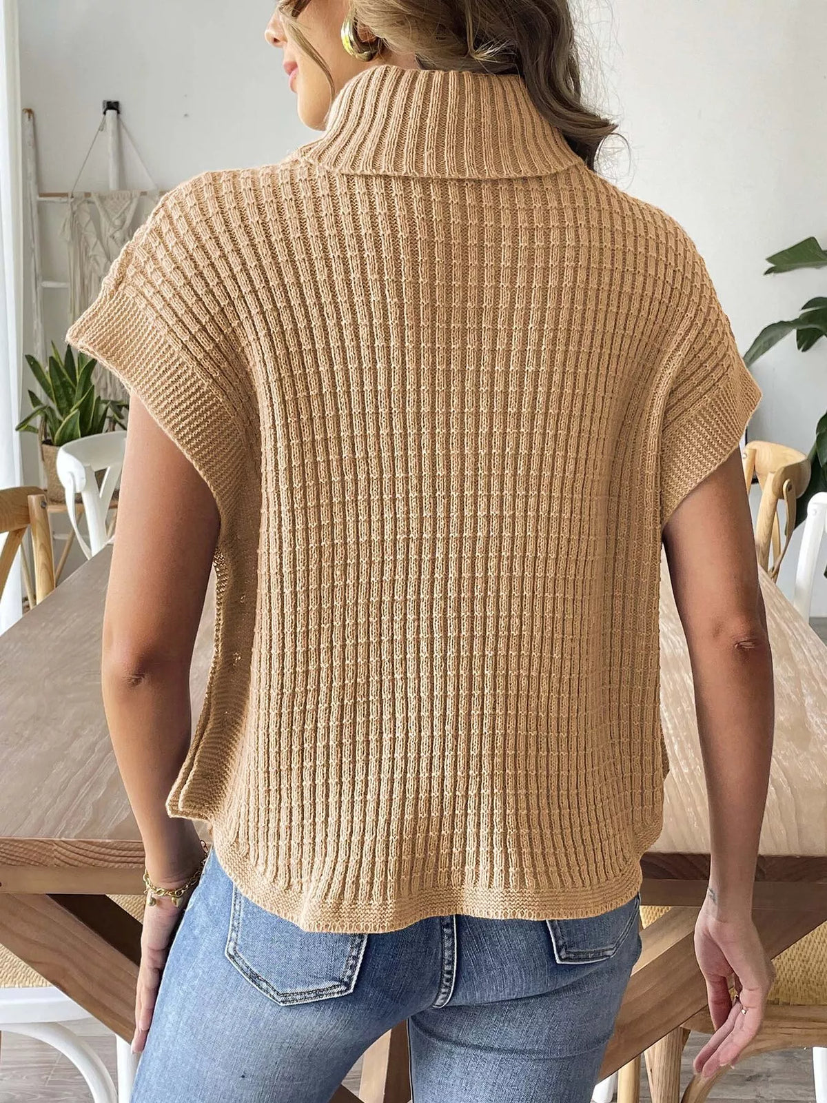Ribbed Turtleneck Sweater with Side Button Detail