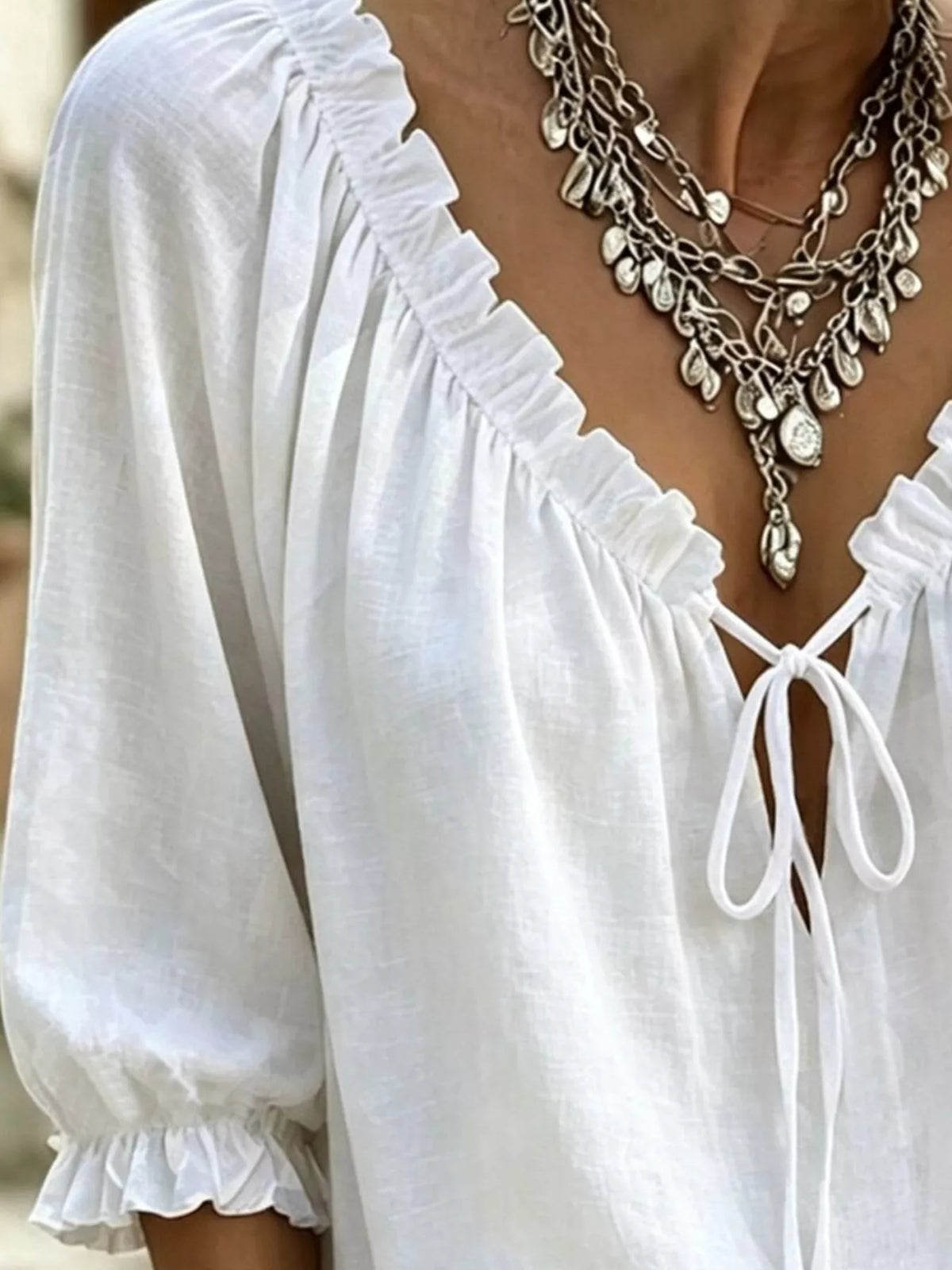 Frill Tie Neck 3/4 Sleeve Blouse