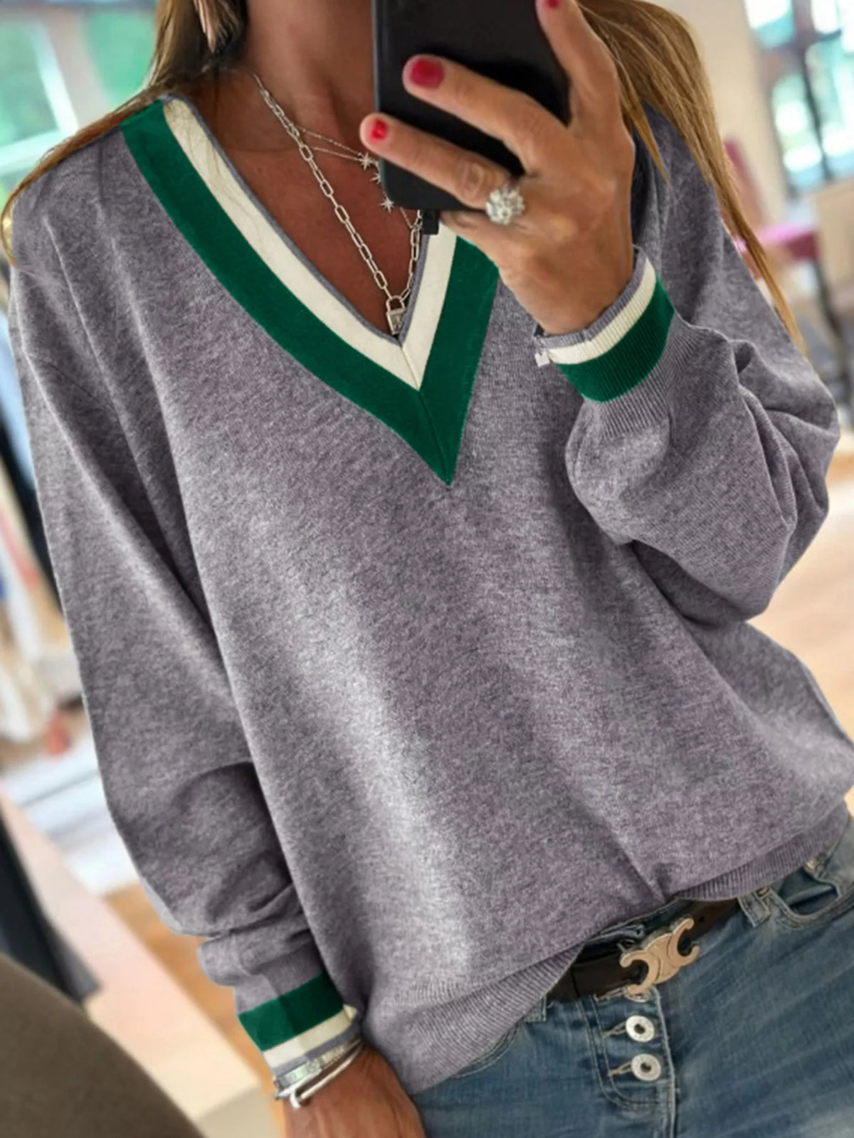 V-Neck Striped Trim Long Sleeve Sweater
