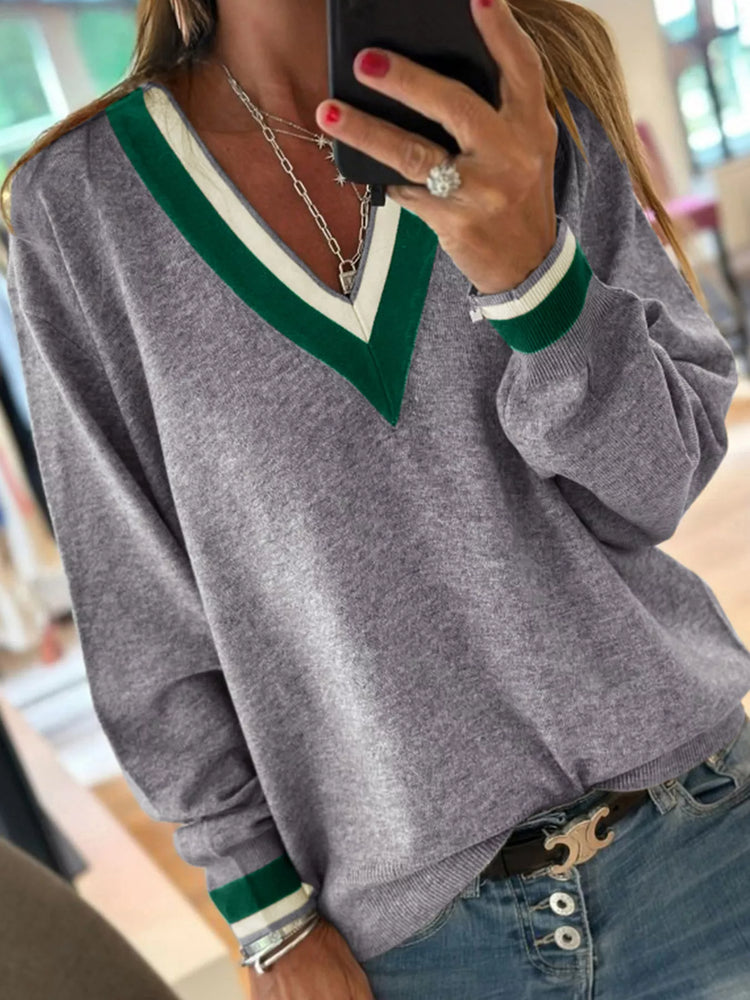 V-Neck Striped Trim Long Sleeve Sweater