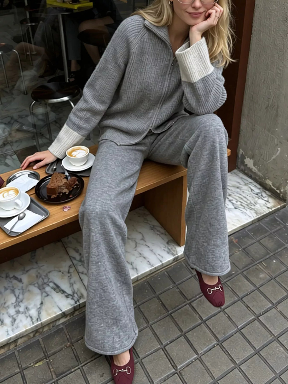 Zip-Up Contrast Cuff Cardigan and Pants Sweater Set