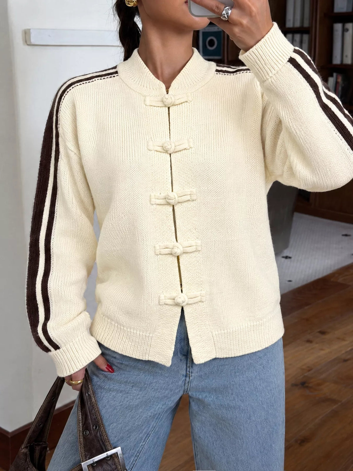 Chinese Knot Button Cardigan with Contrast Side Stripes
