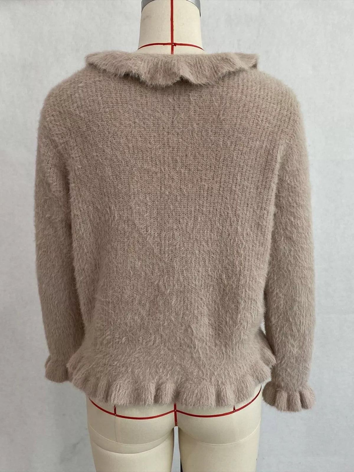 Soft Fuzzy Cardigan with Ruffled Collar and Pearl Buttons