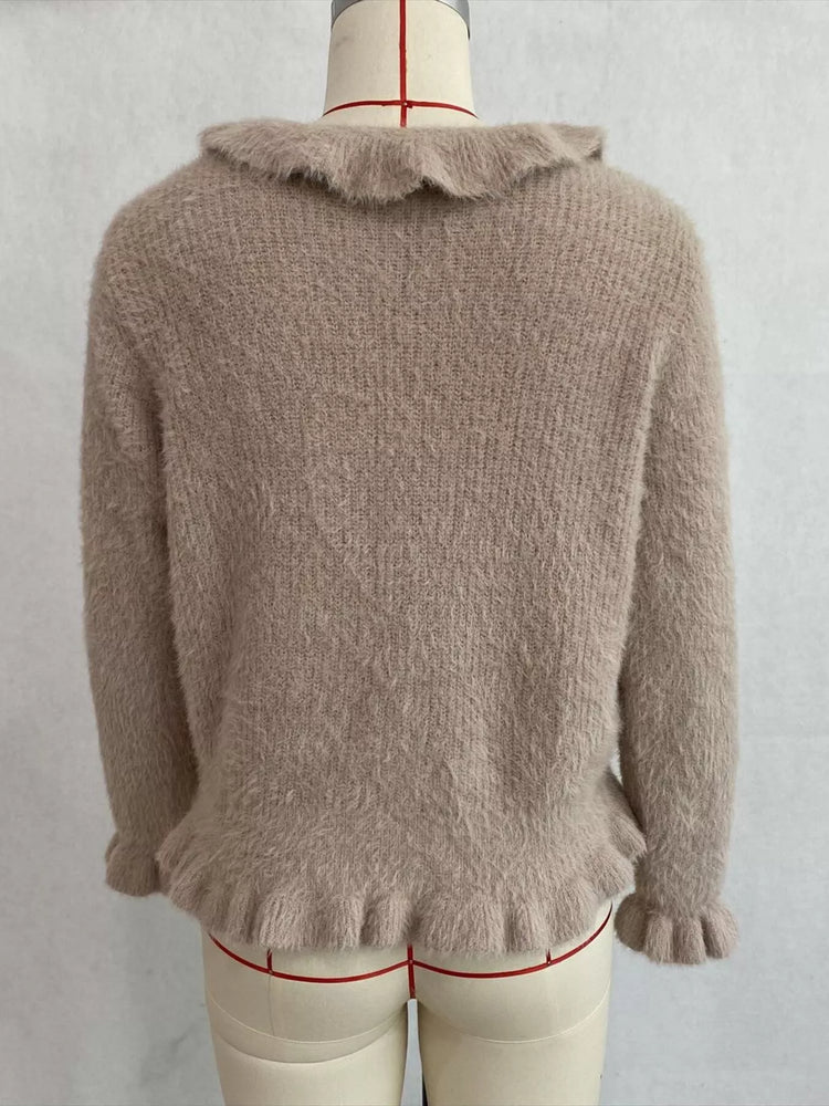 Soft Fuzzy Cardigan with Ruffled Collar and Pearl Buttons