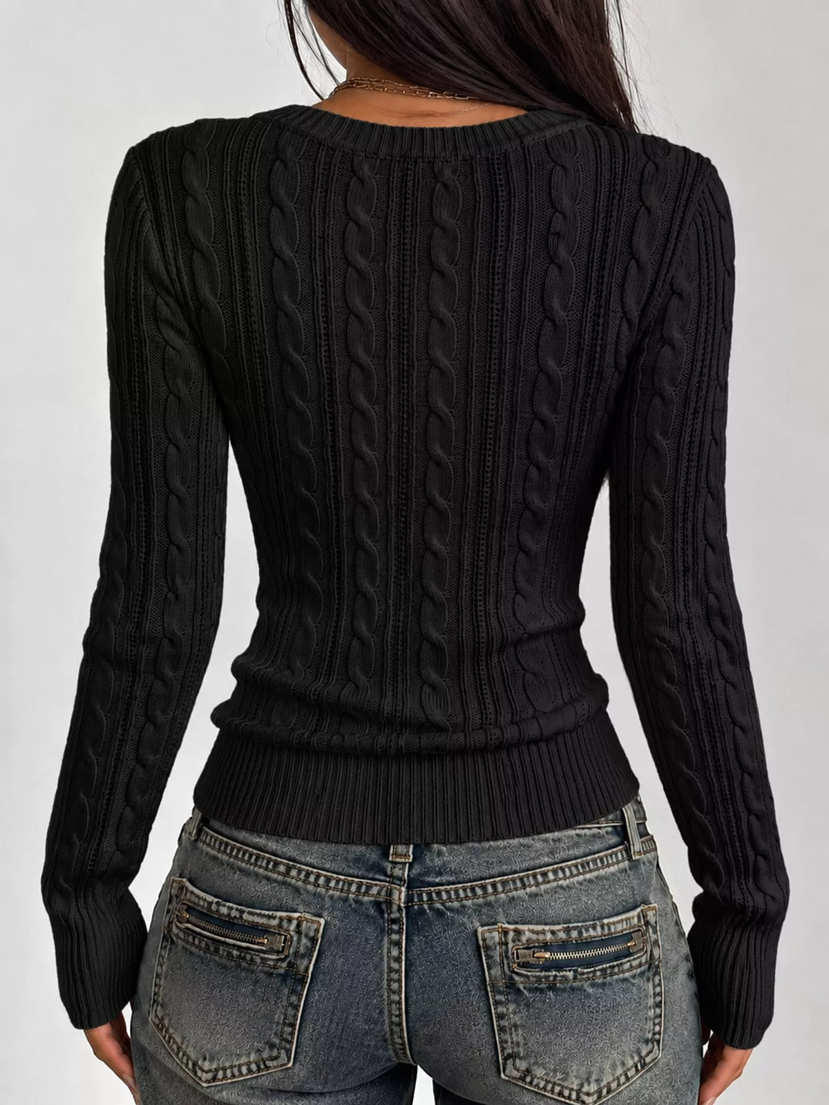 Slim-Fit Deep V-Neck Cable Knit Sweater