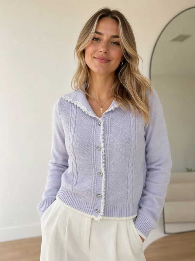 Cable-Knit Cardigan with Lace Trim