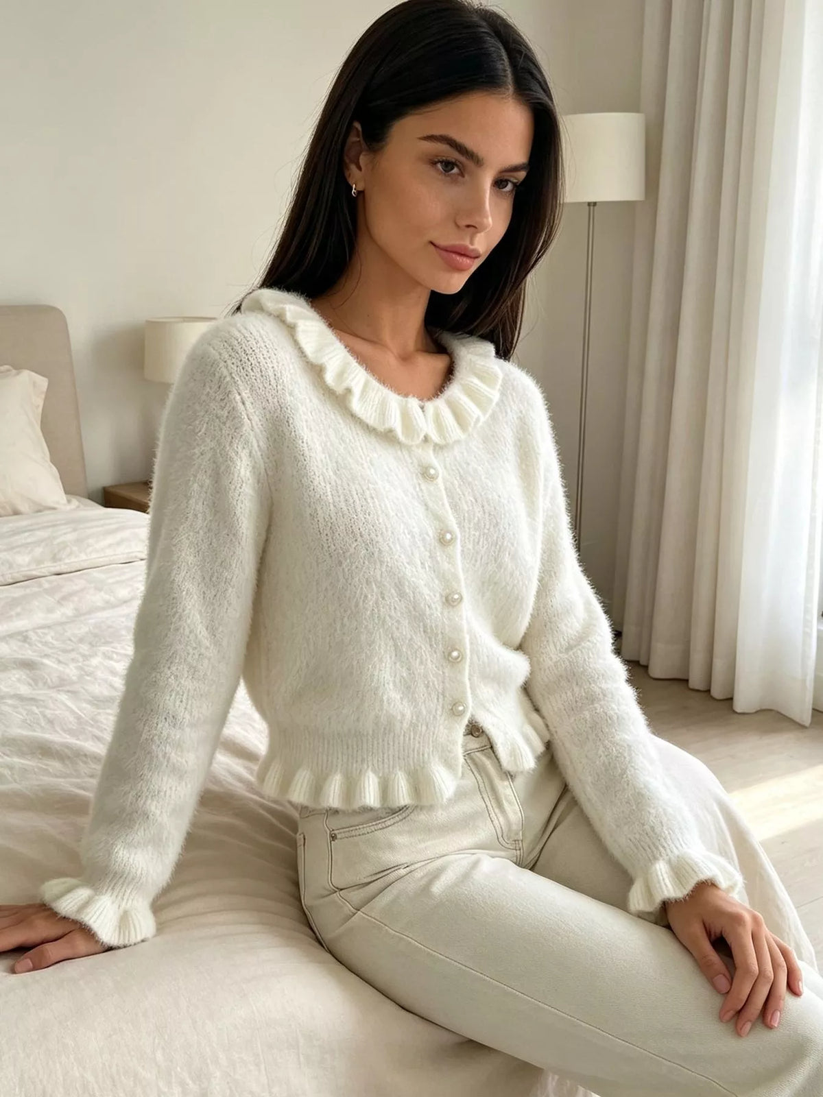 Soft Fuzzy Cardigan with Ruffled Collar and Pearl Buttons