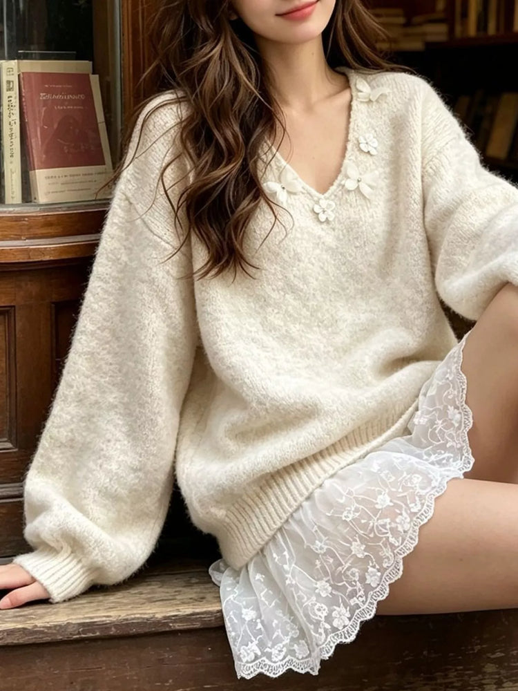 V-Neck Floral Applique Lace Hem Sweater