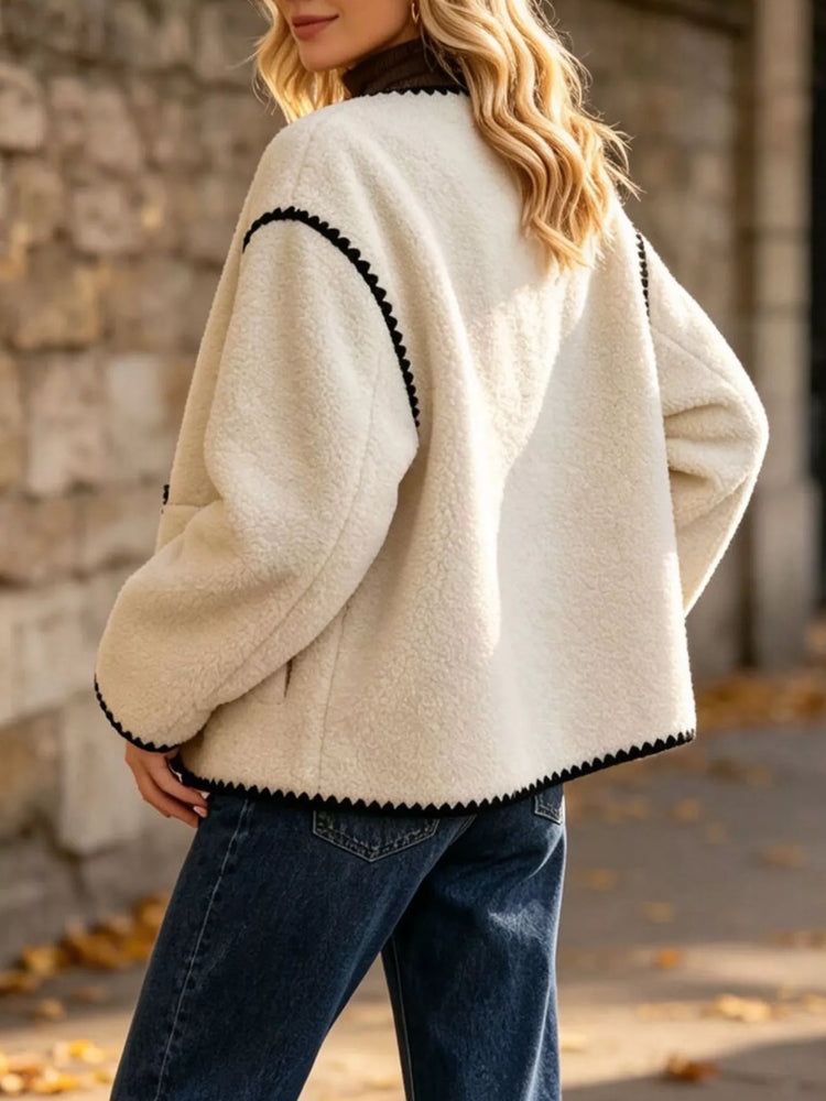 Faux Shearling Contrast Trim Button-Down Outerwear