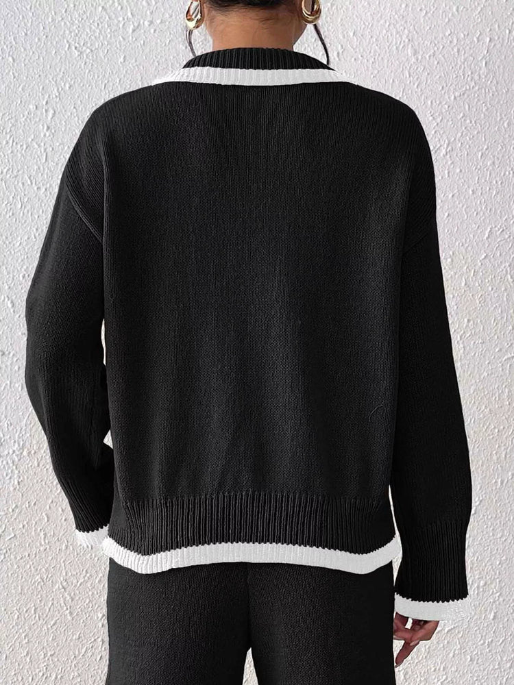 Contrast Trim Polo Collar Sweater