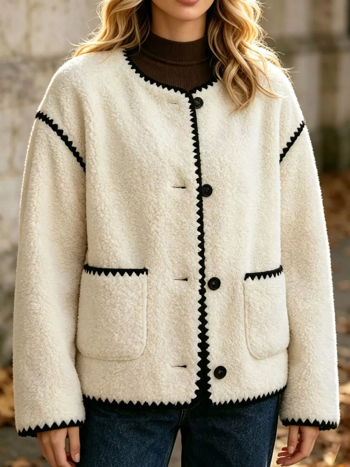 Faux Shearling Contrast Trim Button-Down Outerwear