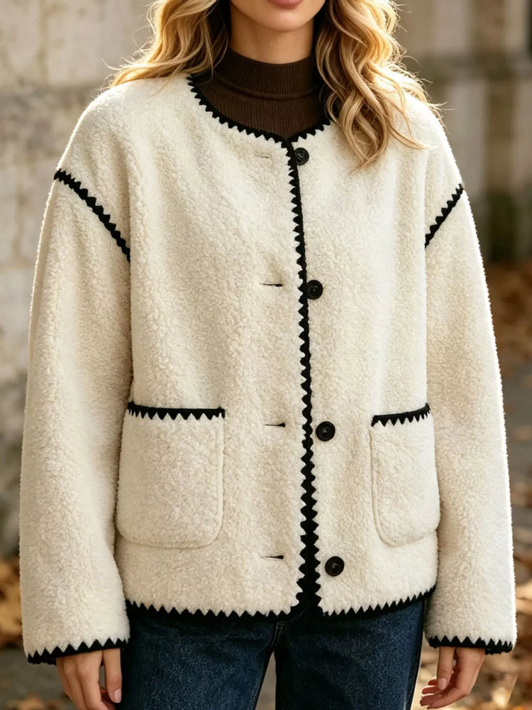Faux Shearling Contrast Trim Button-Down Outerwear