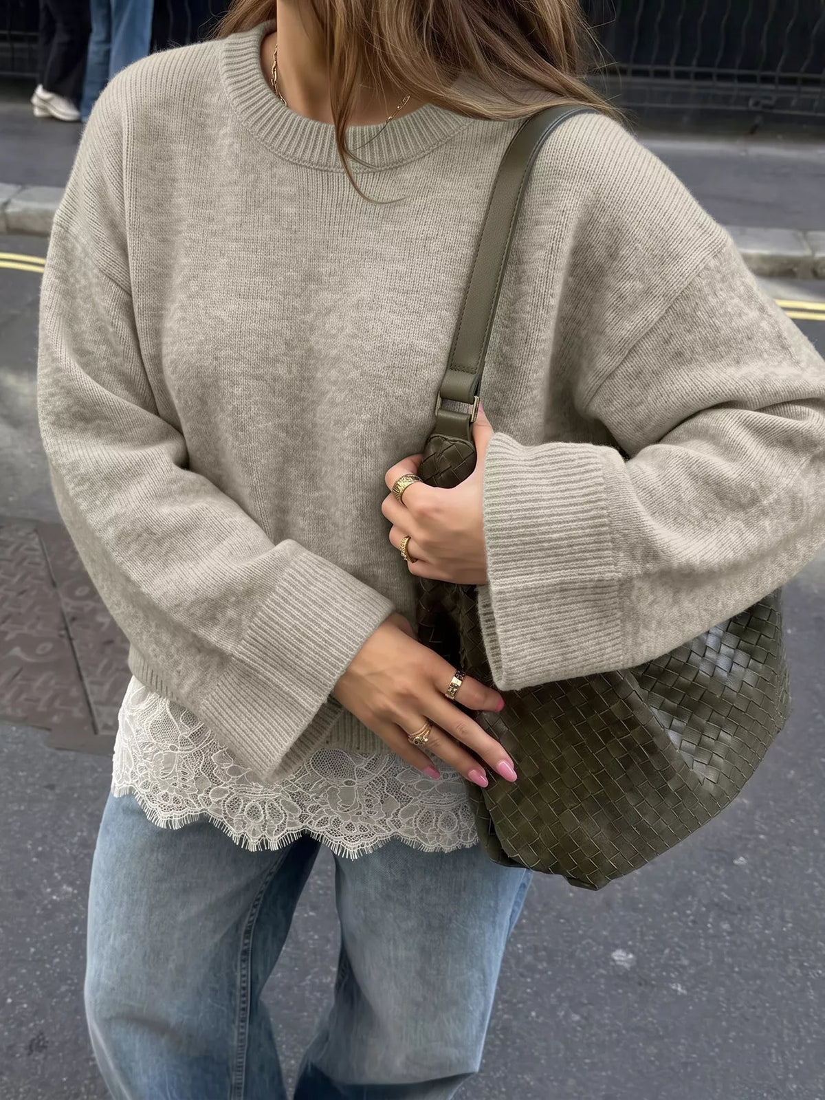 Layered Lace Hem Crew Neck Sweater