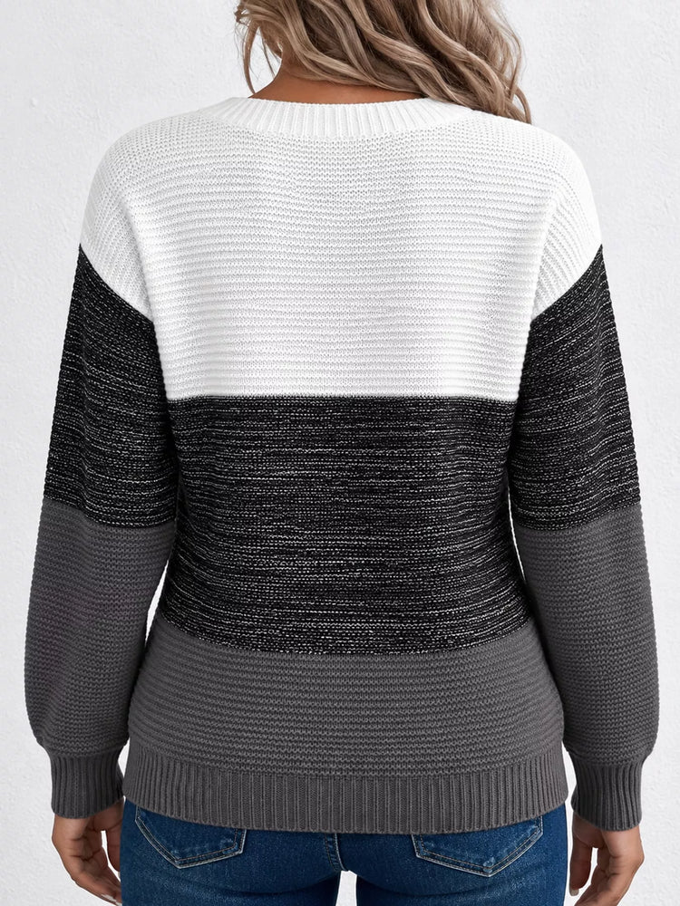 Full Size Color-Block Boat Neck Sweater Plus Size