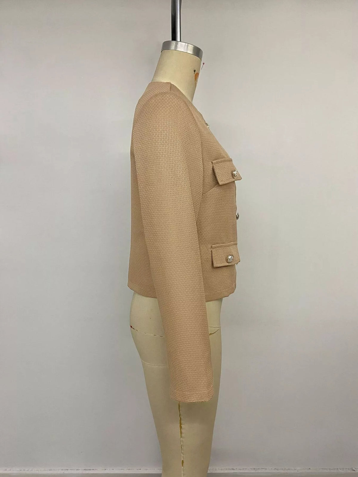 Textured Cropped Jacket with Gold-Tone Button