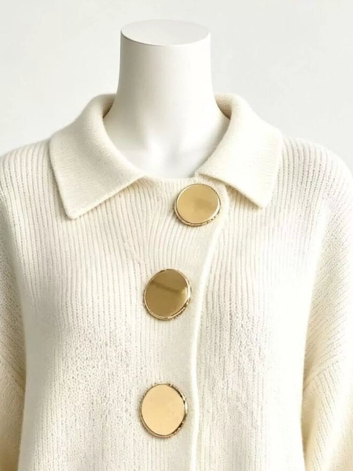 Full Size Collared Wavy Hem Knit Cardigan with Metal Button Plus Size