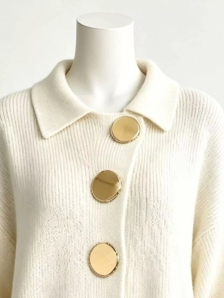 Full Size Collared Wavy Hem Knit Cardigan with Metal Button Plus Size