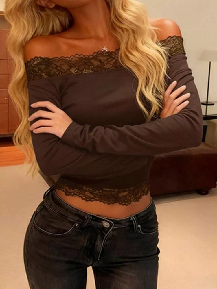 Off-Shoulder Lace Trim Long Sleeve T-Shirt