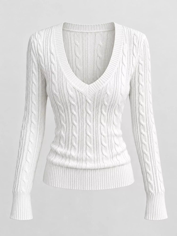 Slim-Fit Deep V-Neck Cable Knit Sweater