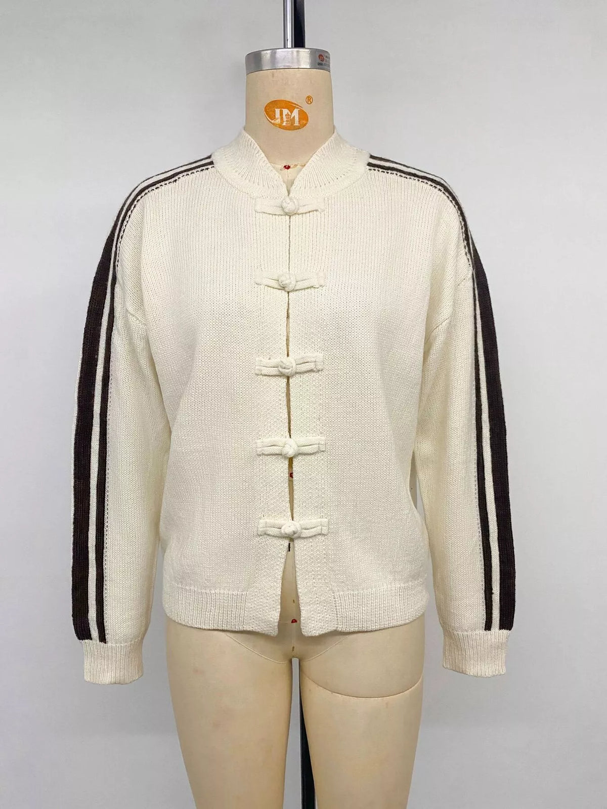 Chinese Knot Button Cardigan with Contrast Side Stripes