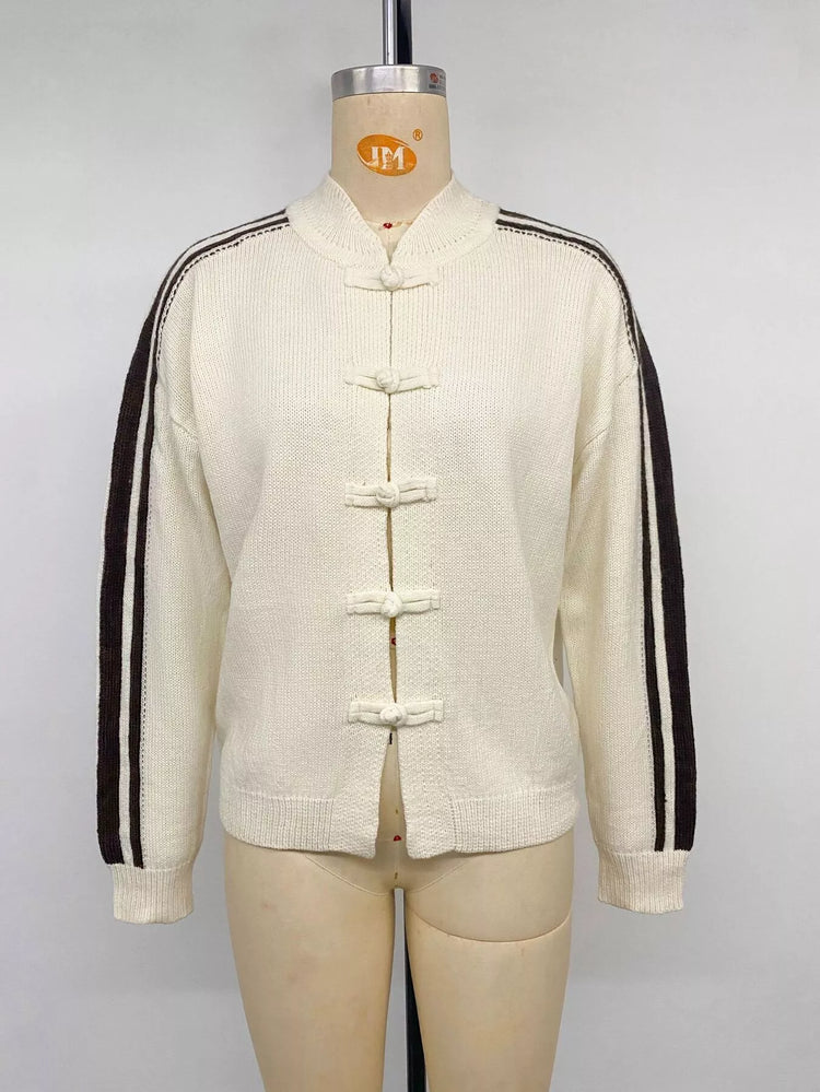 Chinese Knot Button Cardigan with Contrast Side Stripes