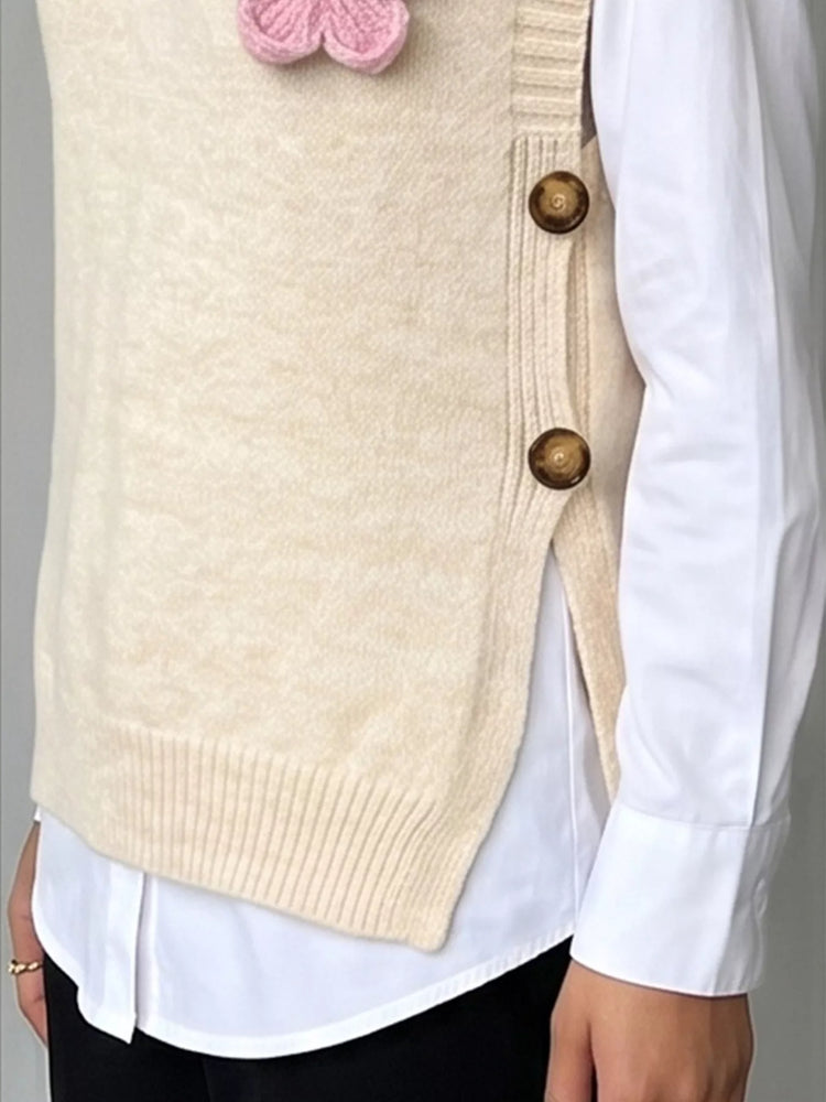 Side Button Sweater Vest with 3D Floral Appliques