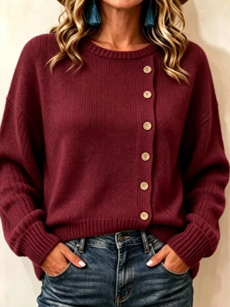 Decorative Button Round Neck Sweater