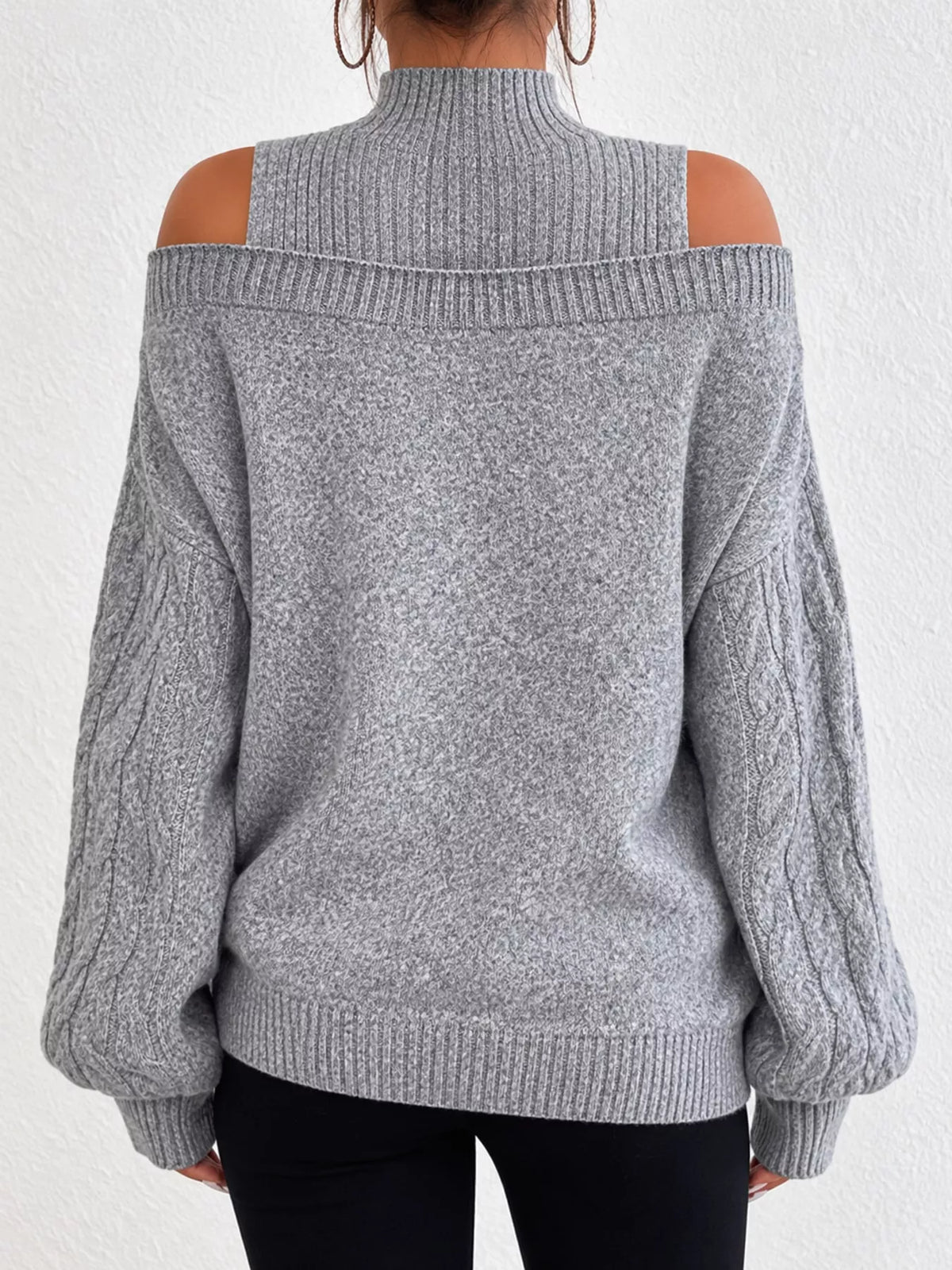 Full Size Cold Shoulder Mock Neck Cable Knit Sweater Plus Size