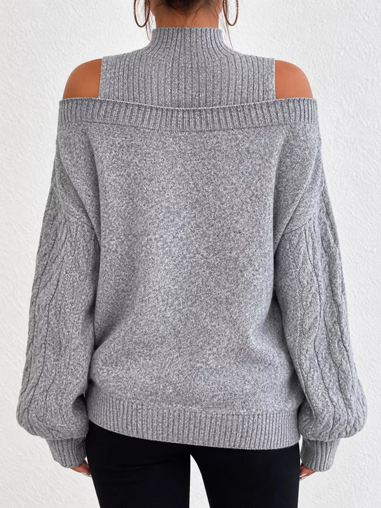 Full Size Cold Shoulder Mock Neck Cable Knit Sweater Plus Size