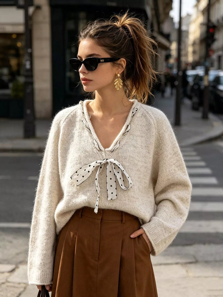 Chic V-Neck Sweater with Polka Dot Ribbon Tie