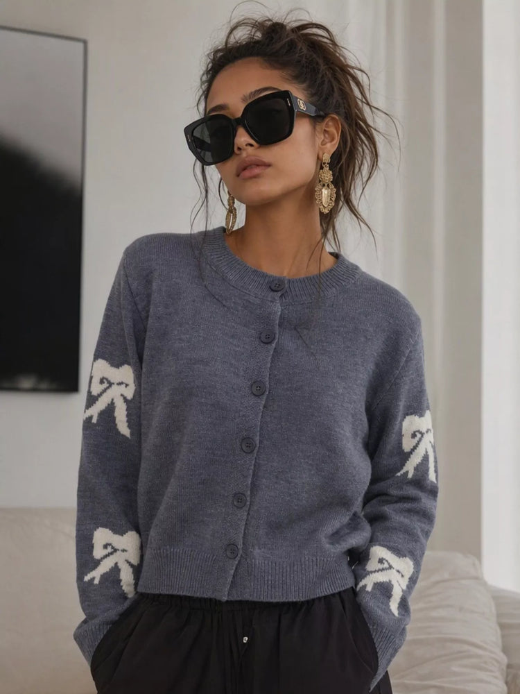 Floral Crew Neck Cropped Knit Cardigan