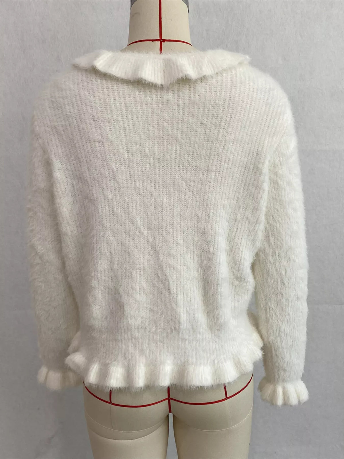 Soft Fuzzy Cardigan with Ruffled Collar and Pearl Buttons