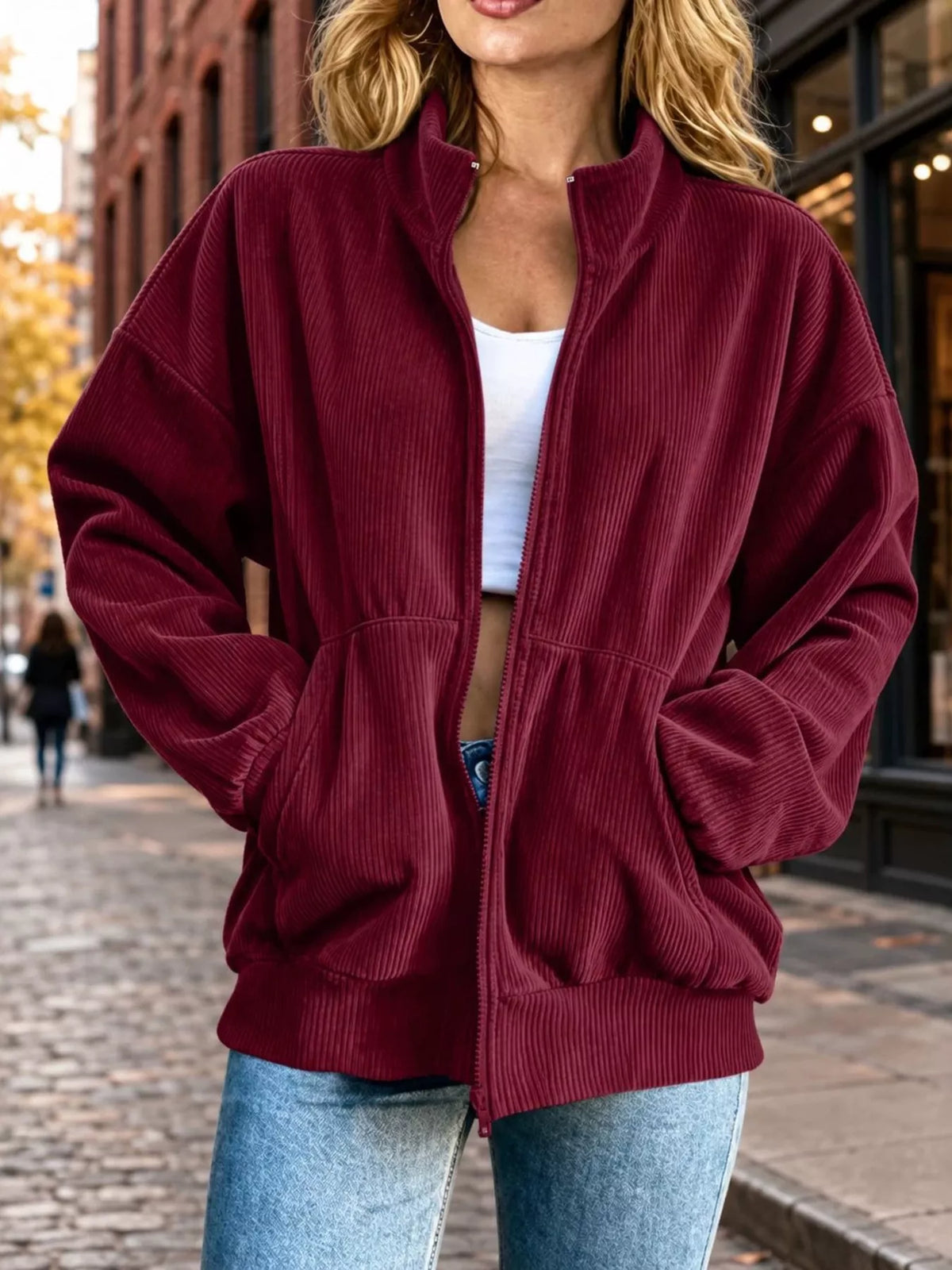 Corduroy Zip-Up Dropped Shoulder Jacket