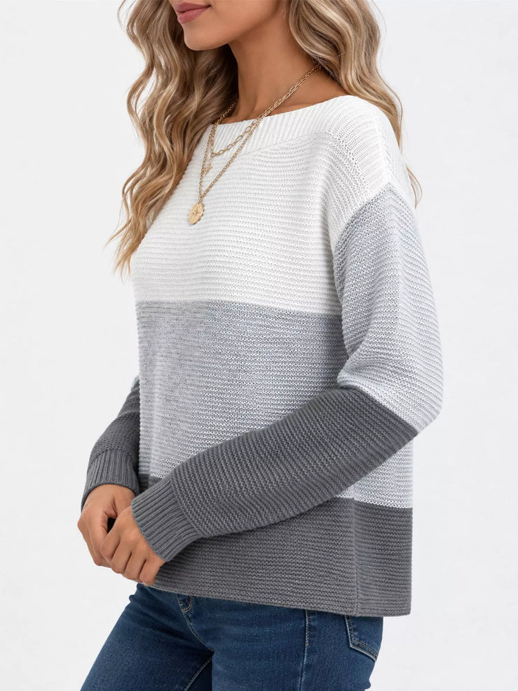Full Size Color-Block Boat Neck Sweater Plus Size