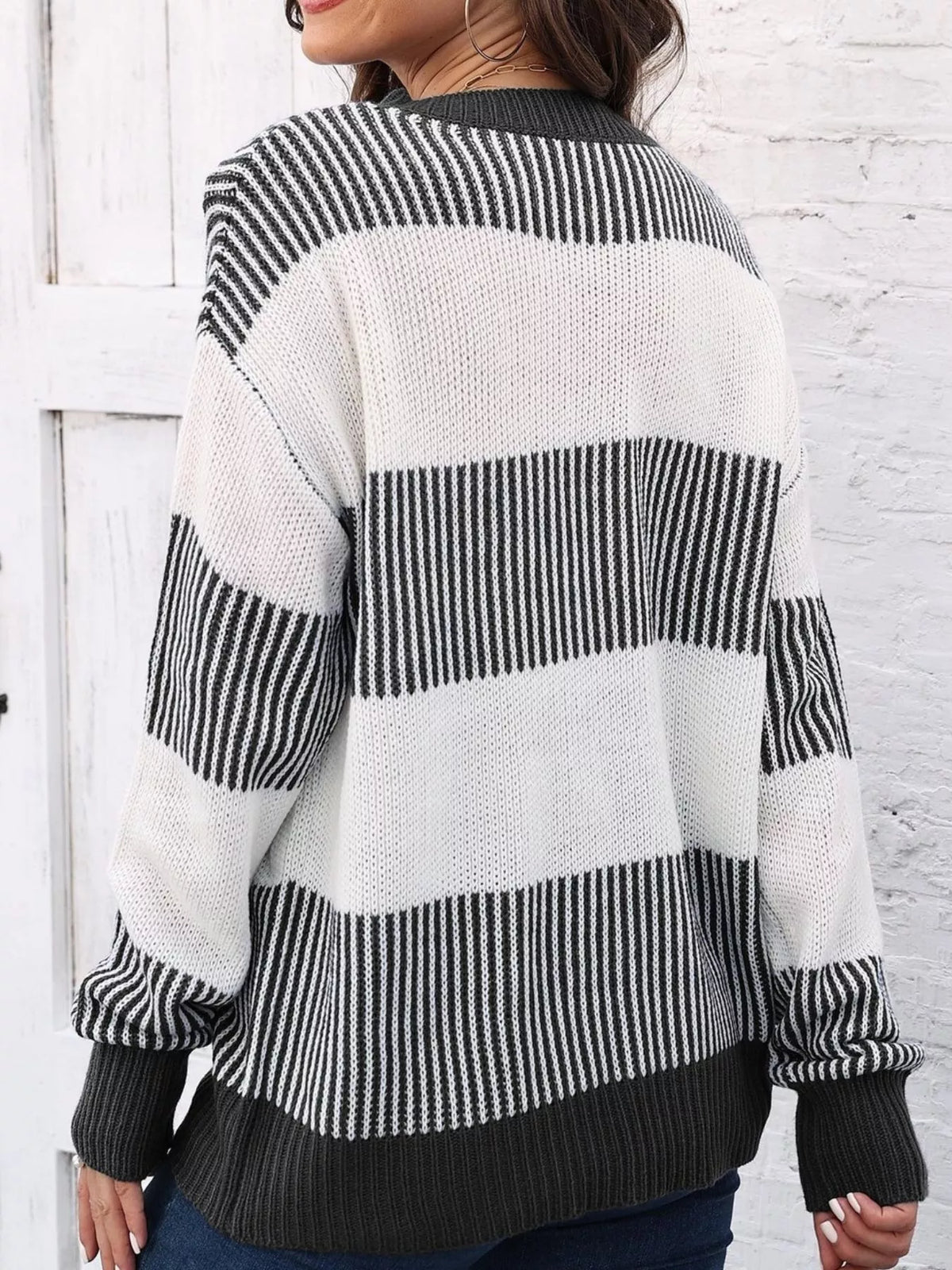 Full Size Striped Color Block Crew Neck Sweater Plus Size