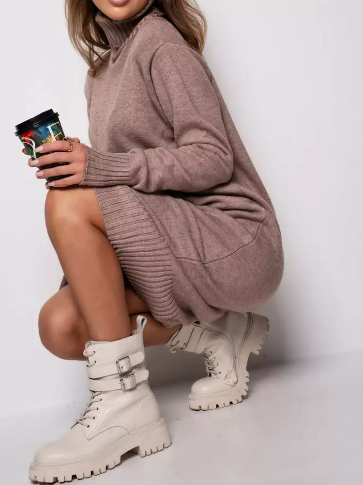 Turtleneck Ribbed Knit Sweater Dress
