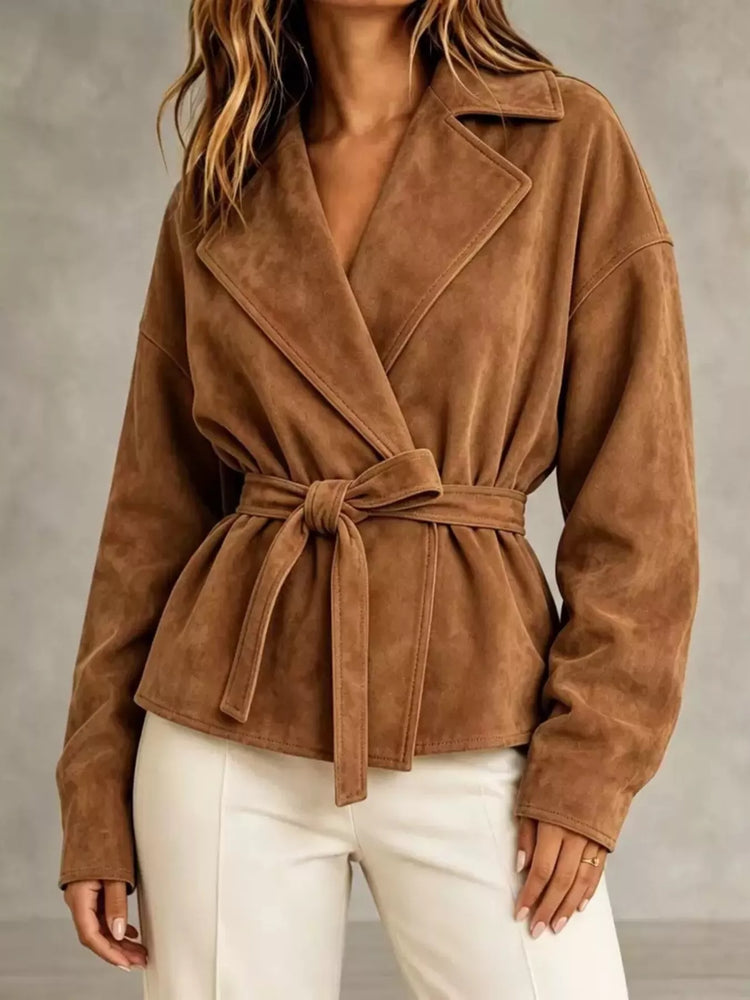 Tie-Waist Lapel Collar Jacket