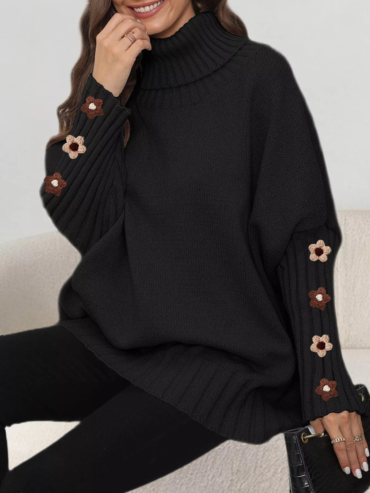 Oversized Turtleneck Sweater with Floral Applique Sleeves