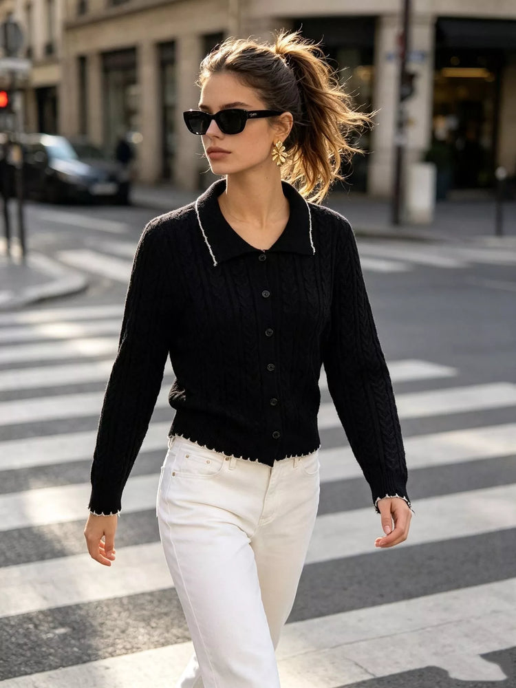 Cable Knit Polo Collar Button-Up Cardigan